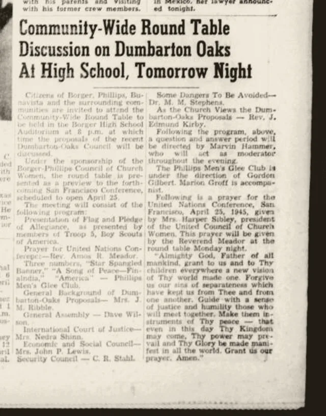 Borger Daily Herald notice of a community-wide round table on Dumbarton Oaks at the high school, with local residents presenting each part of the plan.