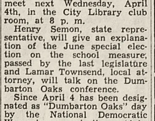 Klamath Falls notice of a meeting in the City Library club room on Dumbarton Oaks day.