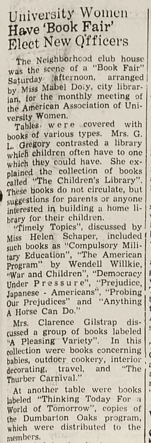 La Grande Evening Observer notice of a library book fair with a table titled Thinking Today For a World of Tomorrow.
